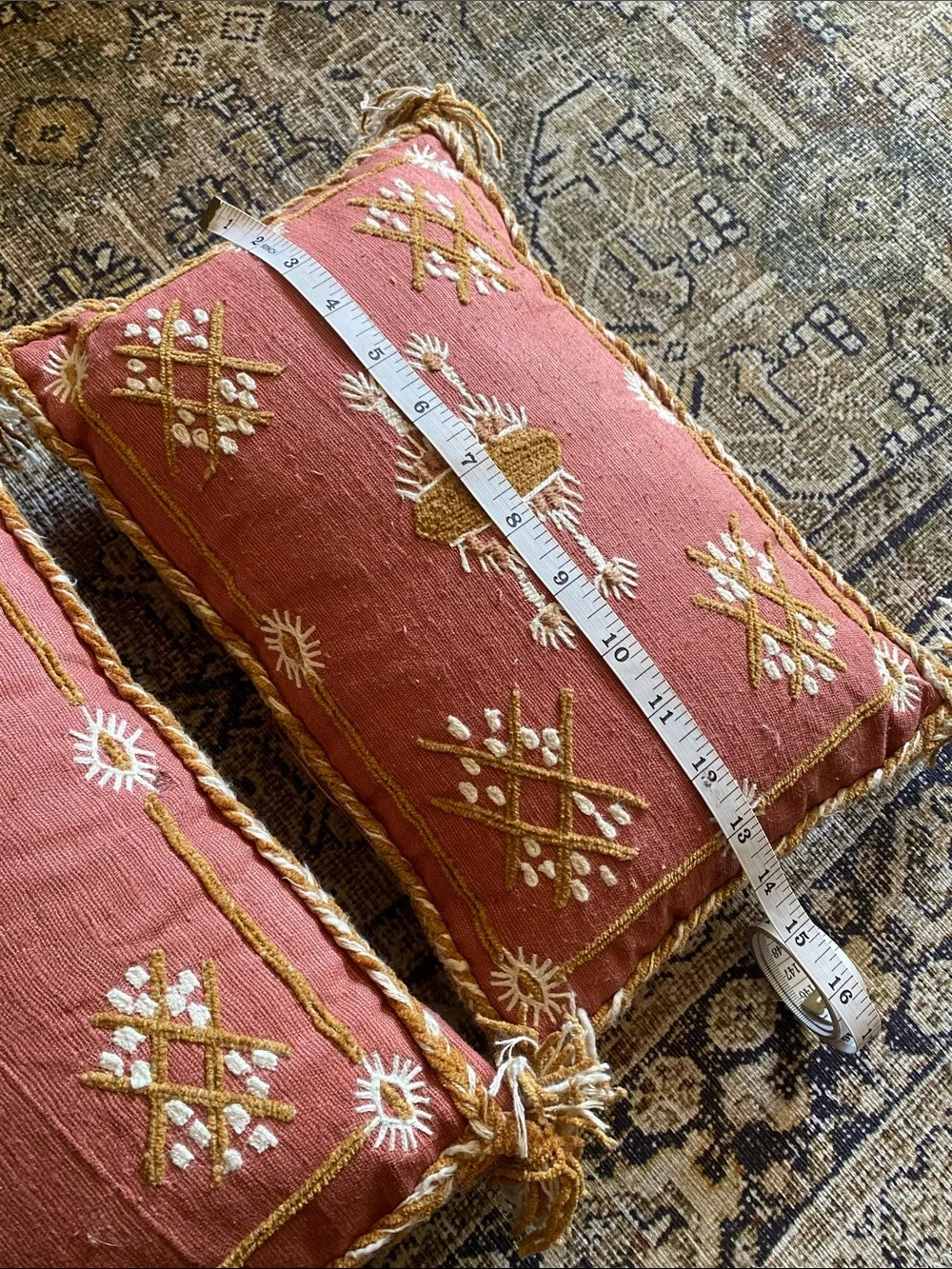 CREATIVE CO OP Embroidered Pink Throw Pillow with Gold Trim. SET OF TWO